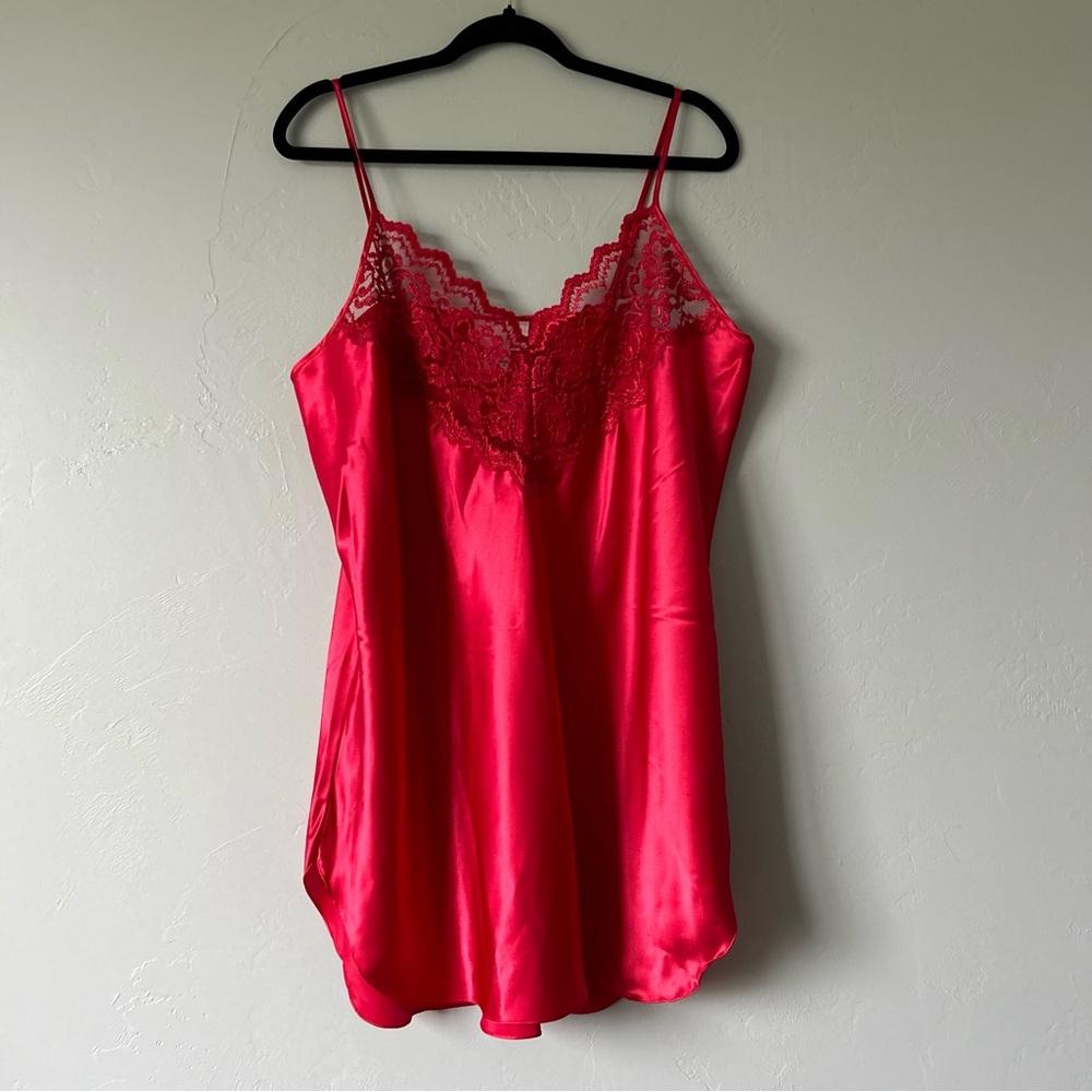 Vintage Red Satin Lace Trim Slip Dress 1x Romantic Valentine's Day Holiday